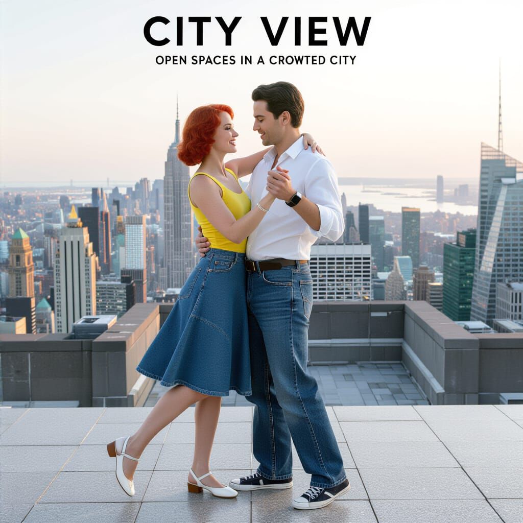 Couple Dancing on Skyscraper Rooftop: City View