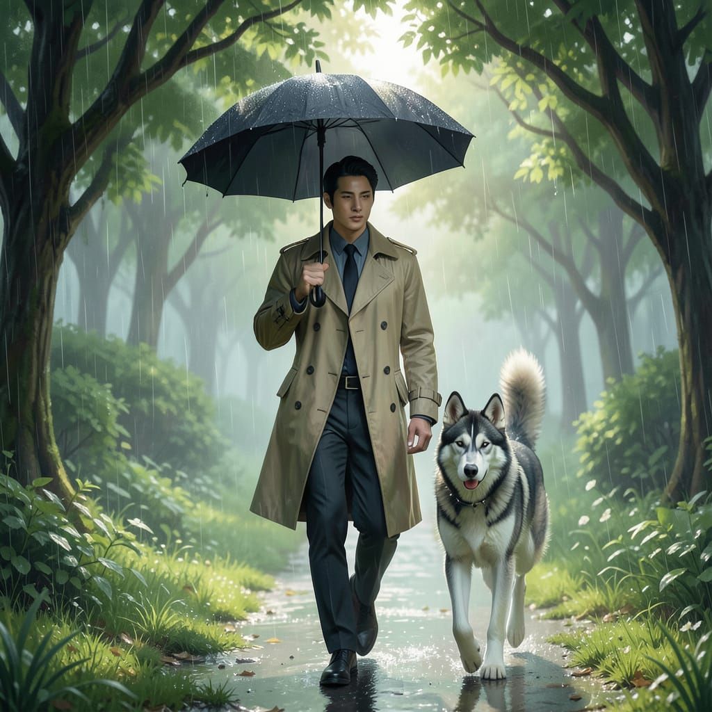 Romantic Park Scene: Man Walks Husky in Rain