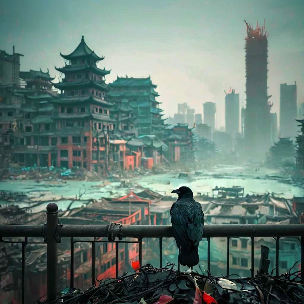 Dramatic Crow in Polluted Cityscape with Aberration