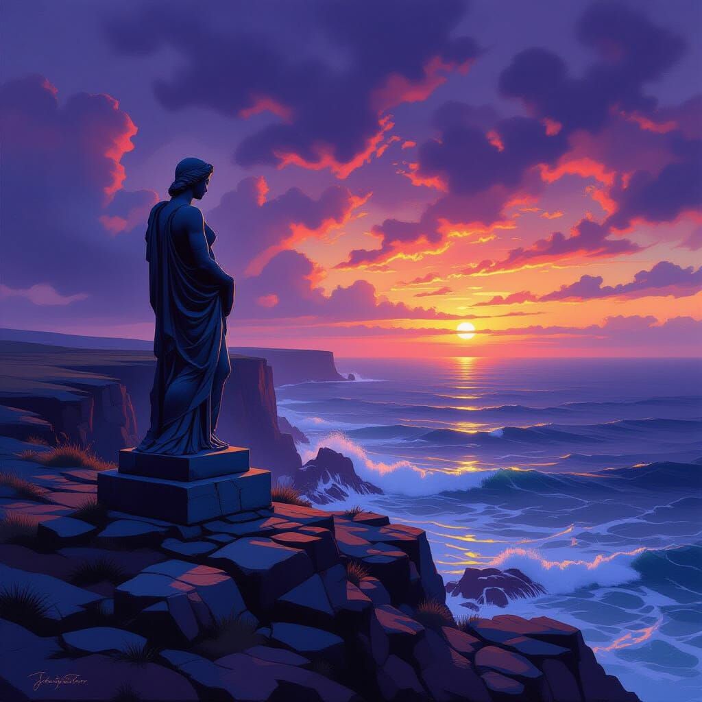 Ancient Statue on Windswept Cliff at Sunset
