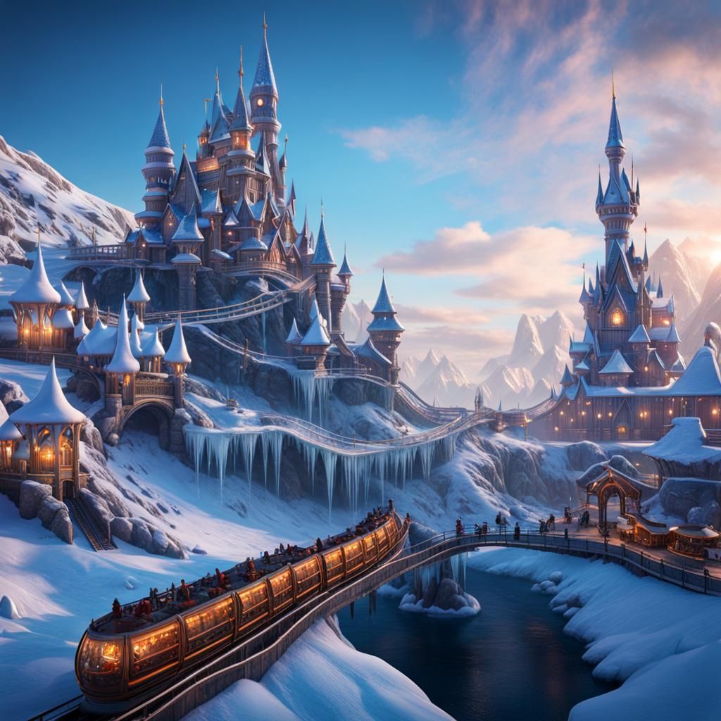 Neon Winter Theme Park Concept Art in 8K