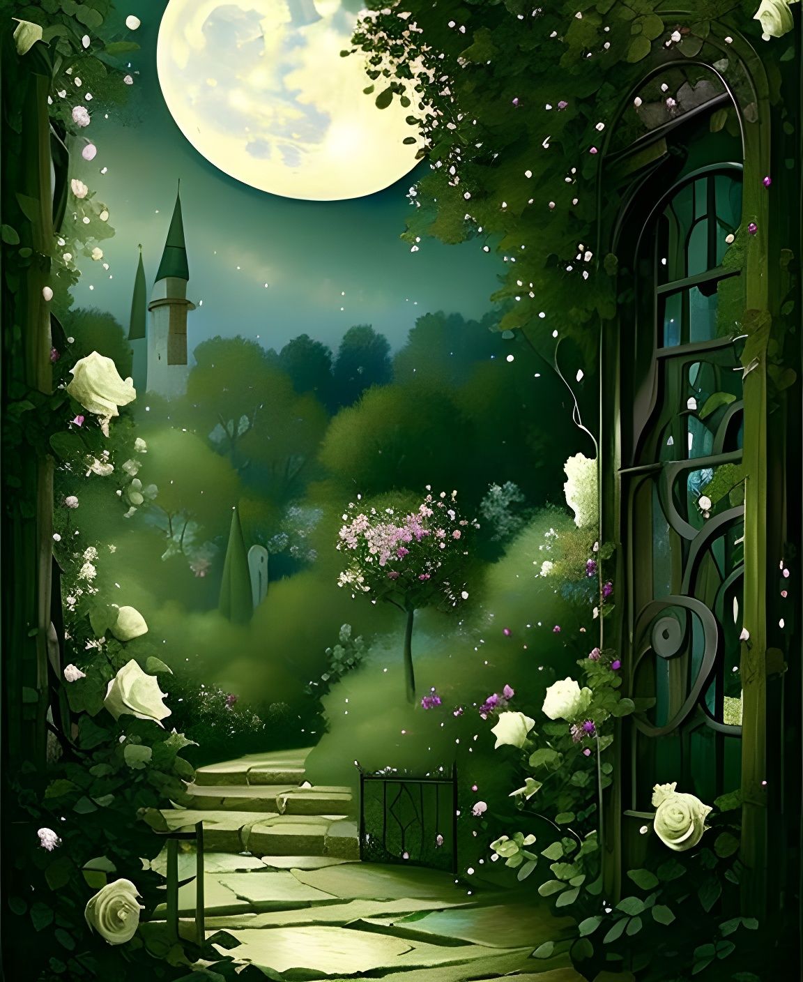 Moonlit White Rose Garden Painting with Iron Arch
