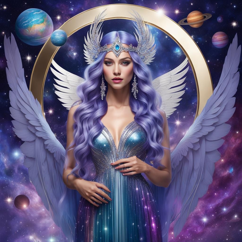 Goddess with Feather Wings and Sparkling Stars