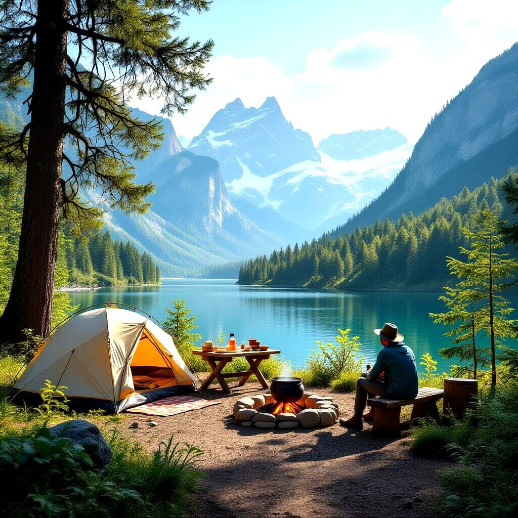 Summer Mountain Camping Scene with Tent and Table