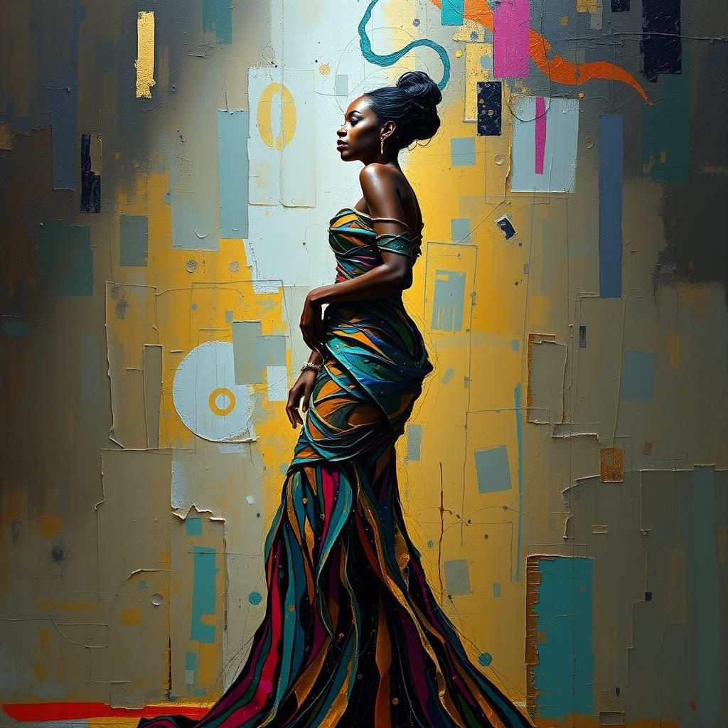Elegant Woman in Flowing Gown, Abstract Expressionist Style