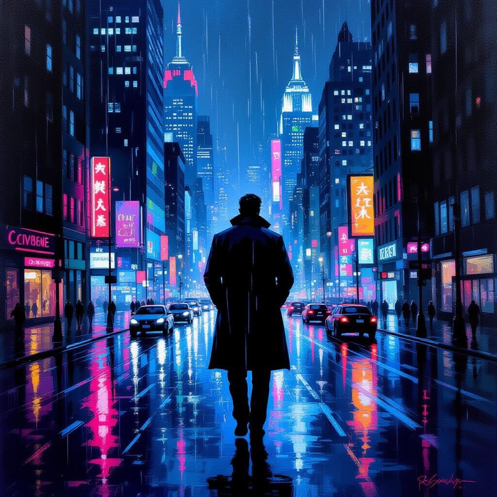 Lone Man in Neon City Street at Night, Moody Oil Painting