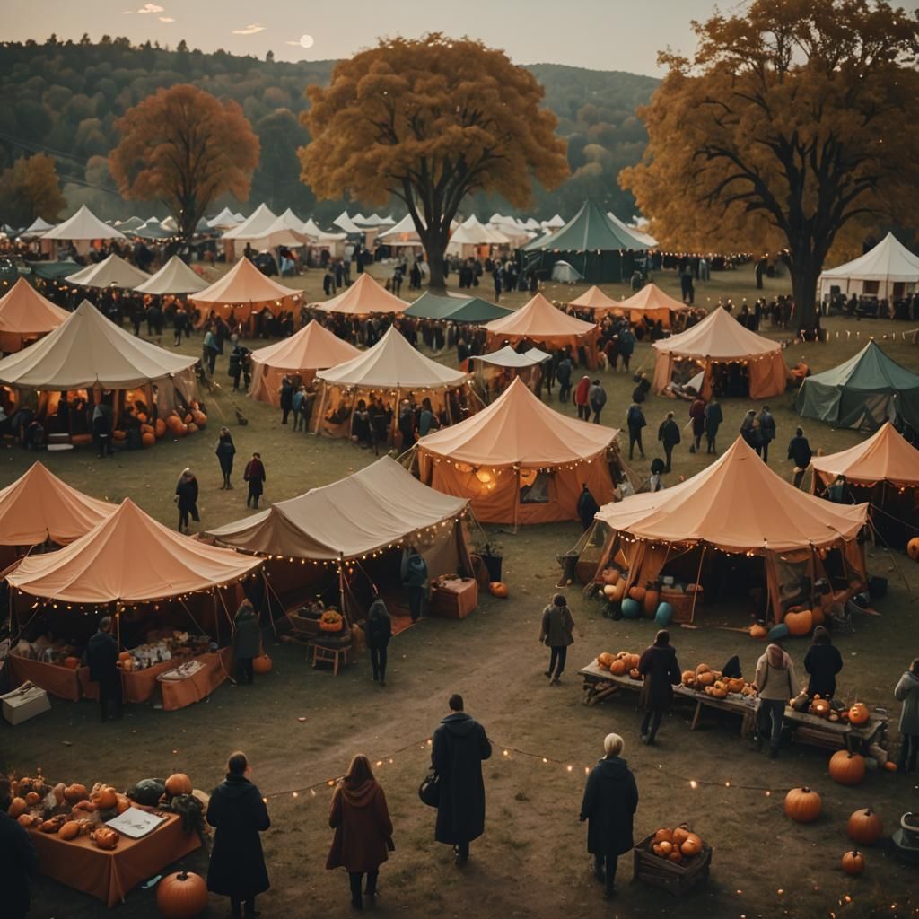 Moonlit Night: Tents, Lights, and Jack-o-Lanterns