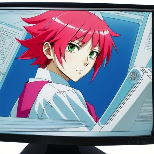 Girl Peers Out from Glowing Computer Monitor in Vibrant Blue...