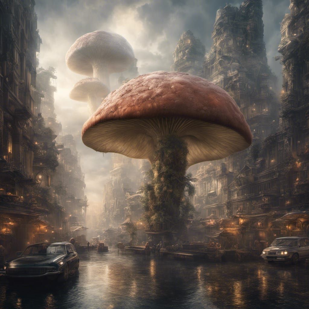 City Inside Mushroom: Epic Digital Matte Painting