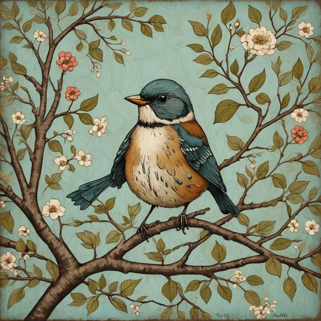 Songbird in Tree: Folk Art Style