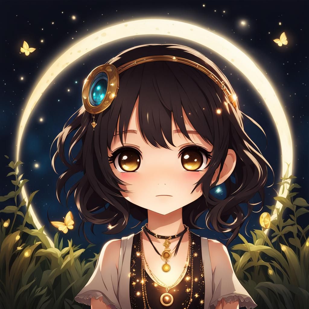 Cute Chibi Anime Girl with Moonlit Background