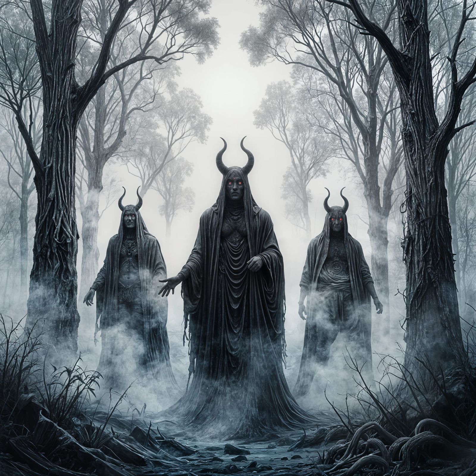 Ancient Gods Emerge from Fog in Charcoal Style