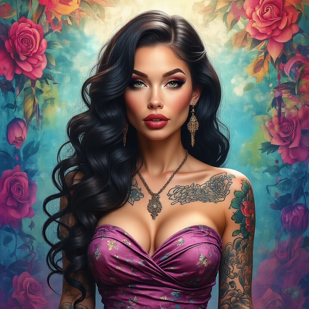 Glamorous Woman with Tattoos in Strapless Dress