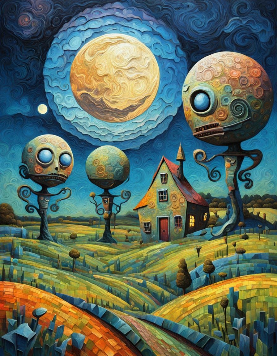 Alien Moonrise in Impasto Cubist Style