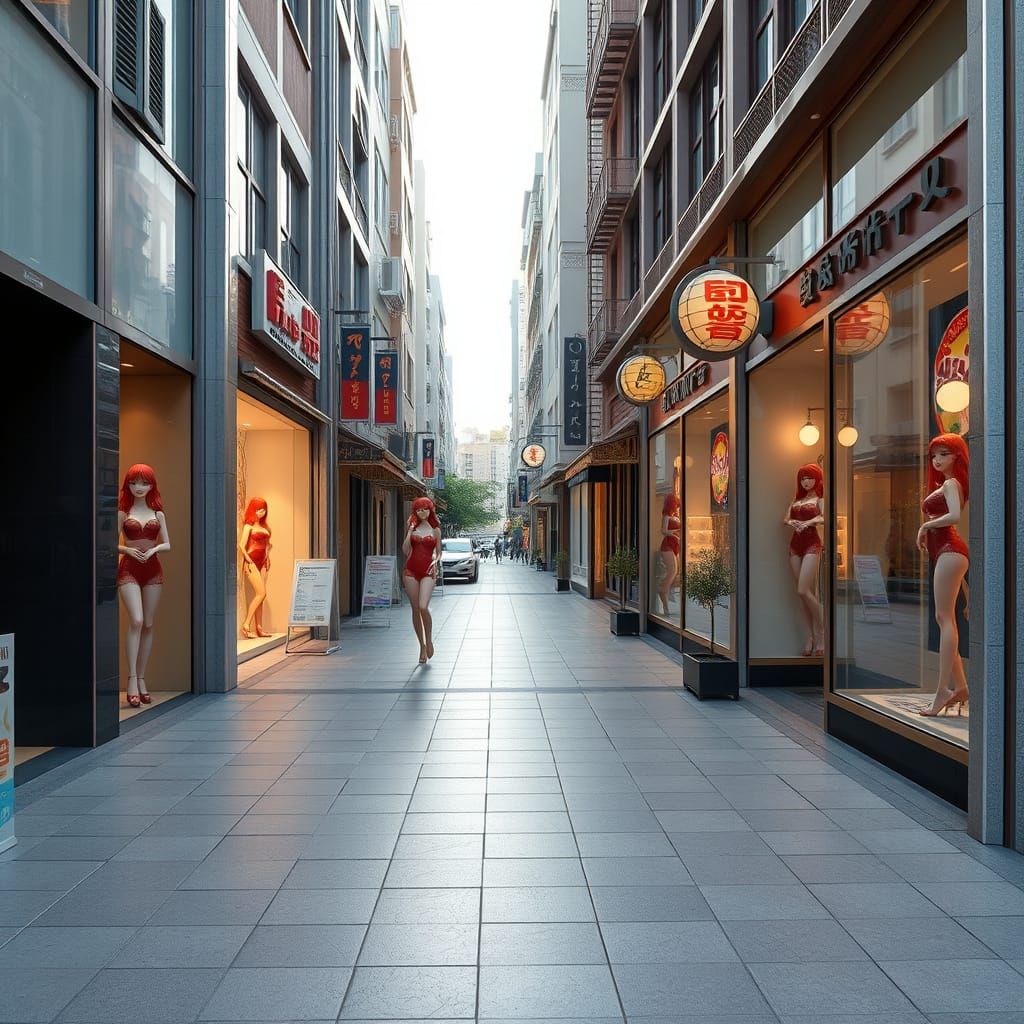 Luxurious Asian Street with Pin-Up Statuettes in Anime Style