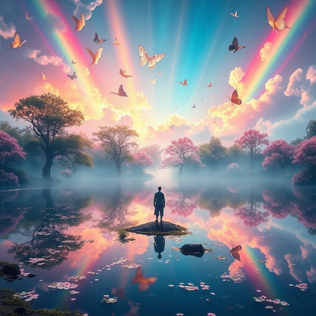 Celestial Dreamscape with Radiant Rainbows and Butterflies