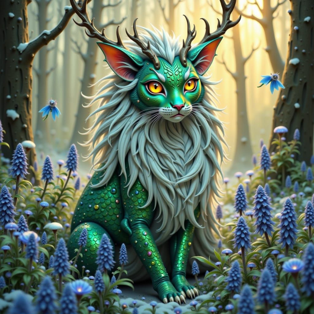 Dragon-Cat Hybrid with Antlers in a Winter Forest