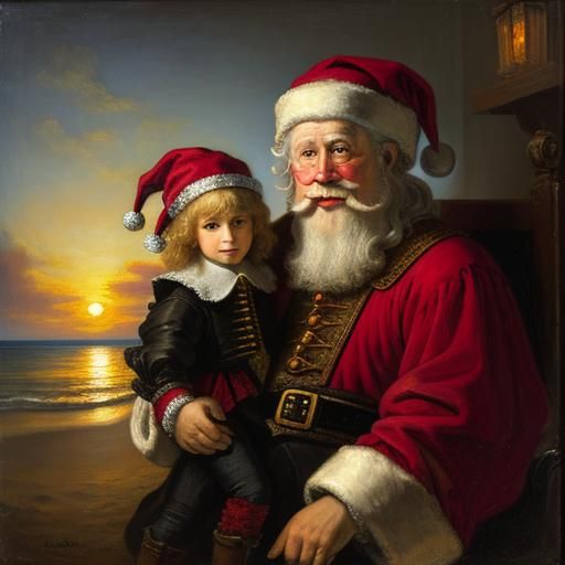 Rembrandt oil painting - Santa Claus and a young model on th...