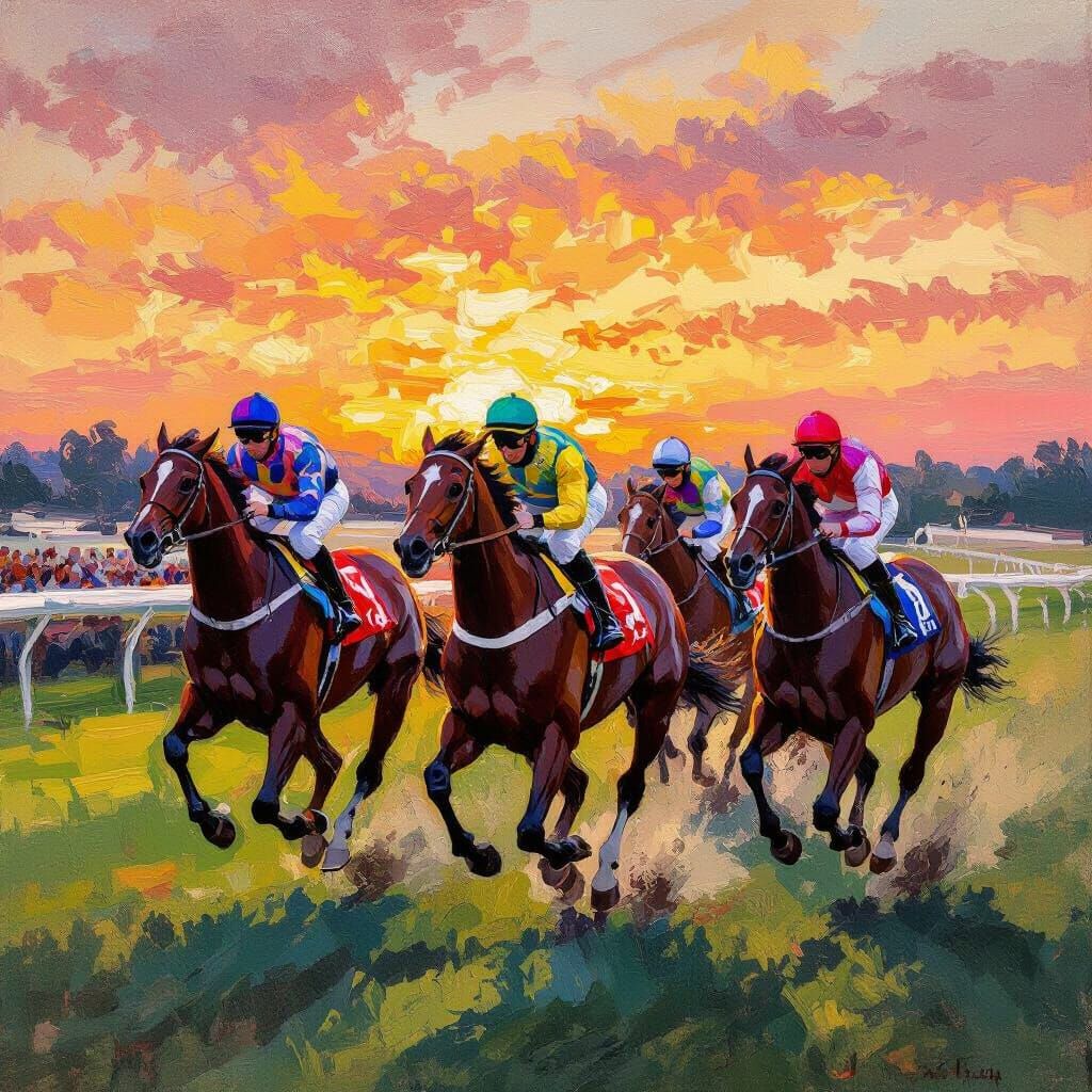 Sunset Horse Race in Impressionist Style
