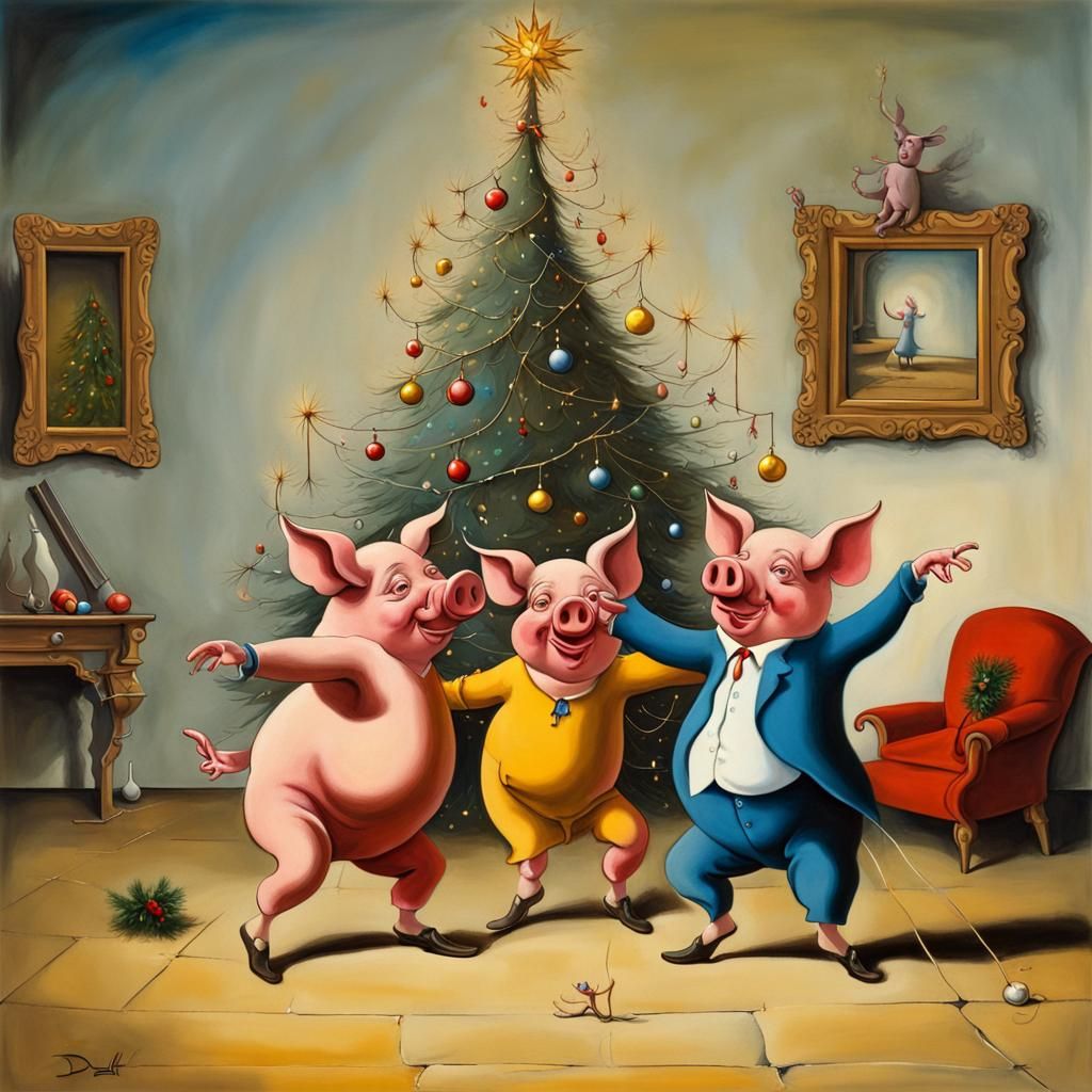 Surreal Pigs Dancing by Christmas Tree in Dali Style