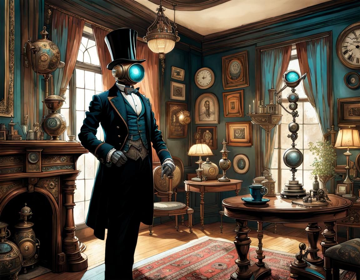 Steampunk Robot Butler in Victorian Home, Intricate Illustra...