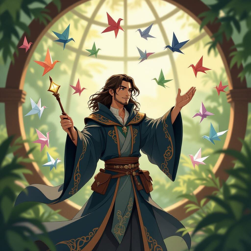Wizard in Solarium with Origami Birds, Miyazaki Style