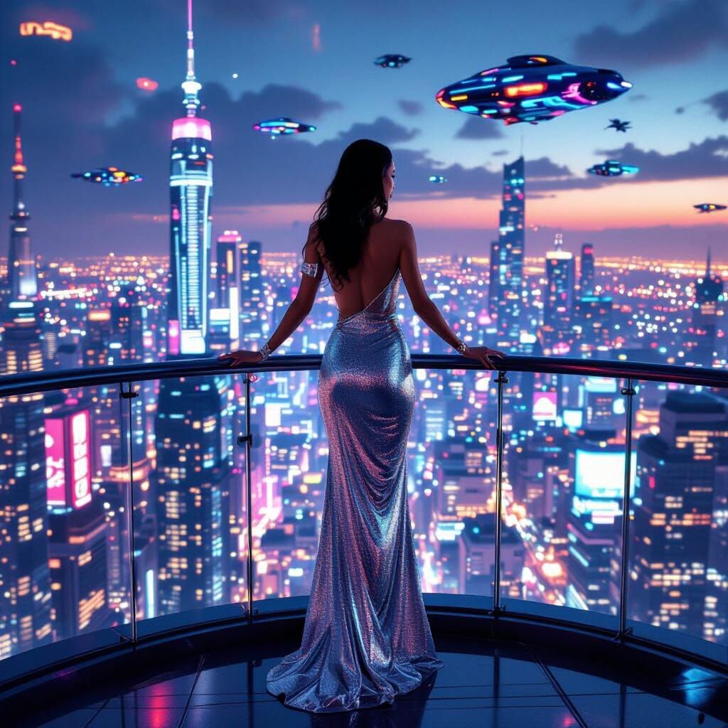 Latina Woman in Silver Jumpsuit on Futuristic Balcony