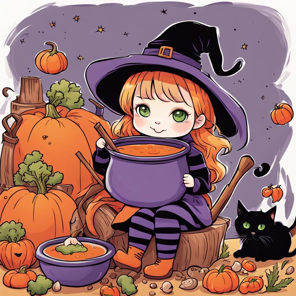Cute Witch with Cat and Cauldron, Comic Style