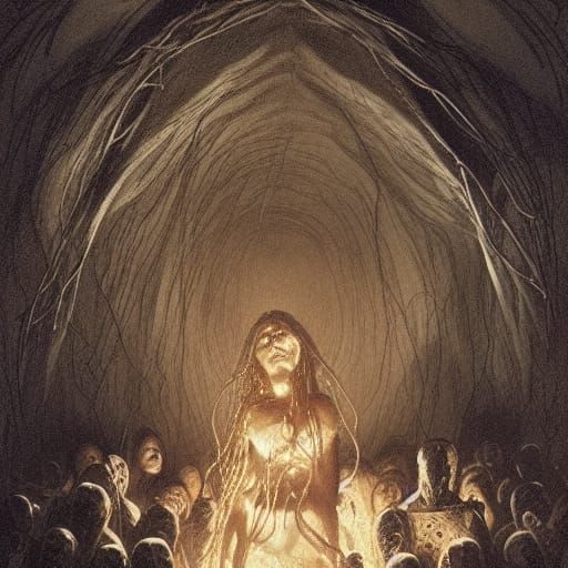 Monstrous Woman at Altar in Dark Cave