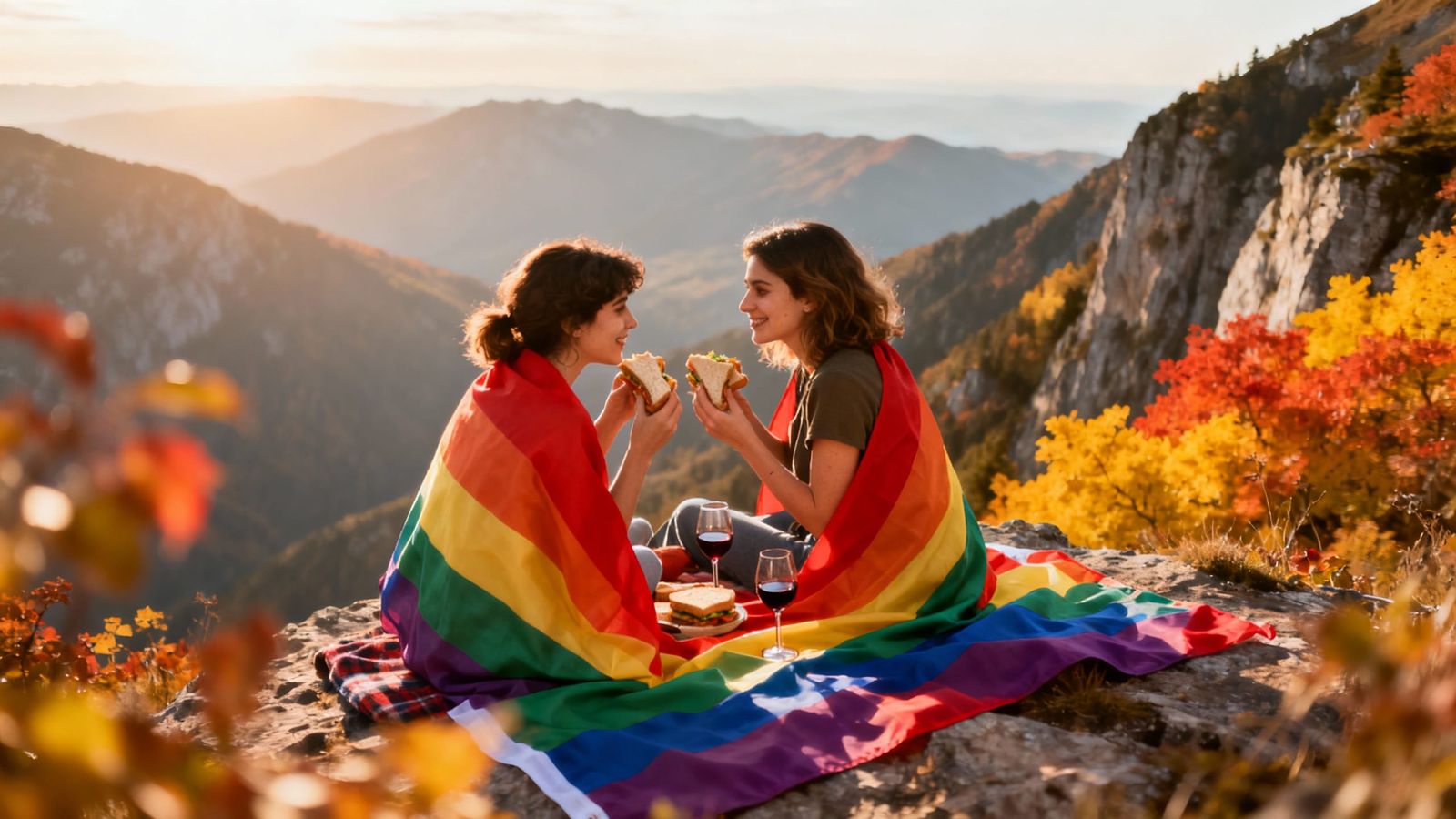 Couple's Joyful Picnic on Mountain Cliff with Pride Flag