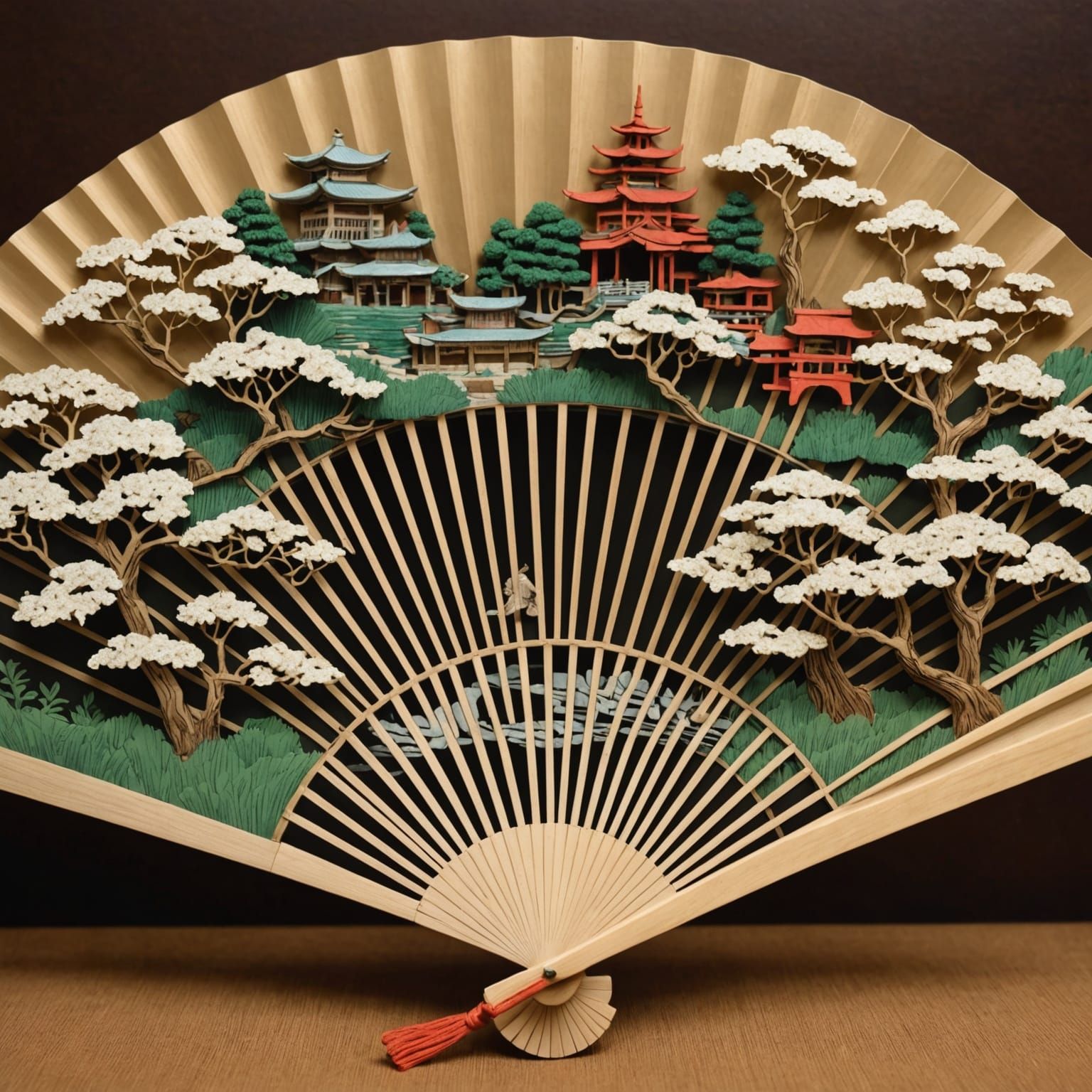 Intricate Japanese Fan Depicting Garden Scene
