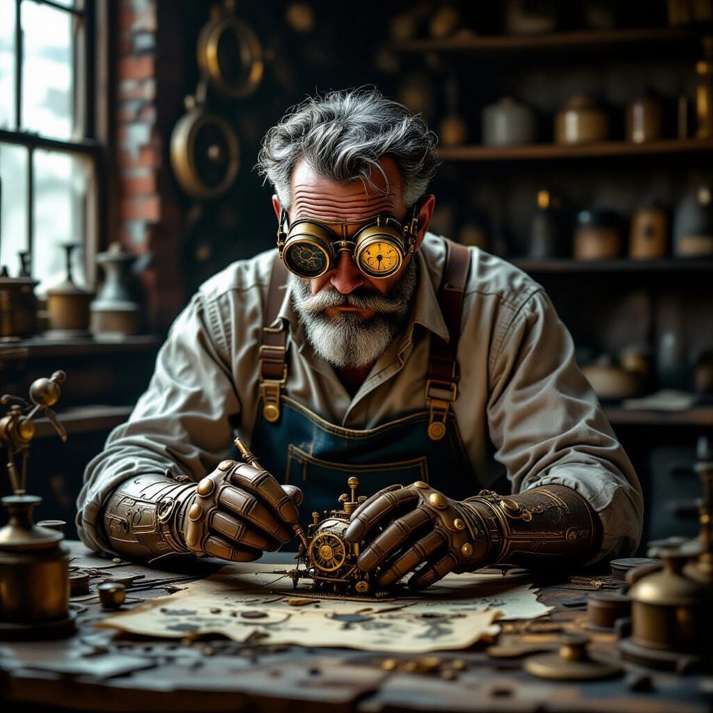 Steampunk Librarian Repairs Automaton in Dusty Workshop