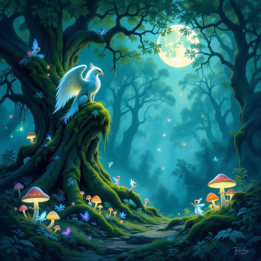 Ethereal Forest Clearing with Mythical Creatures and Glowing...