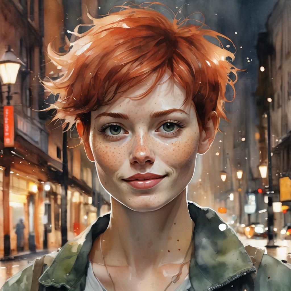 Watercolor Portrait of a Redhead in City Street