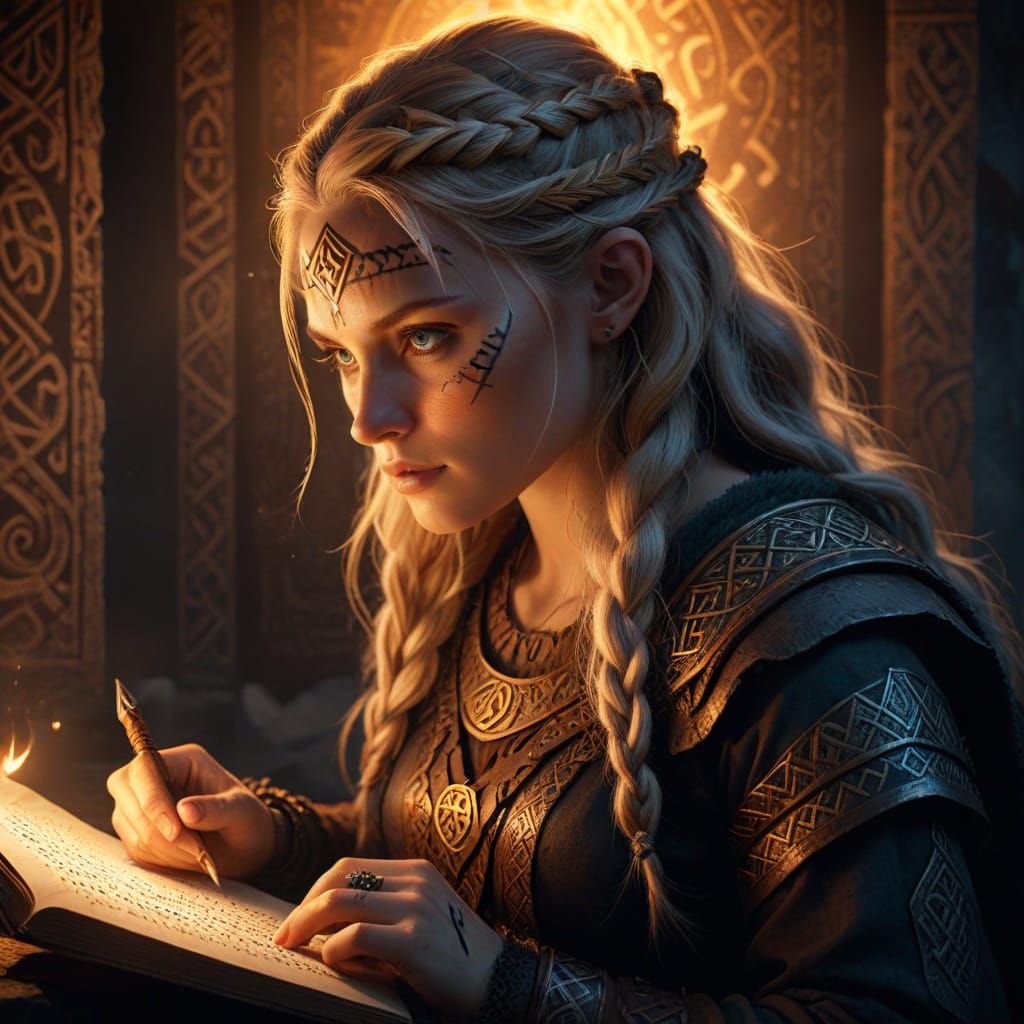 Viking Woman Studying Runes in Mystical Light