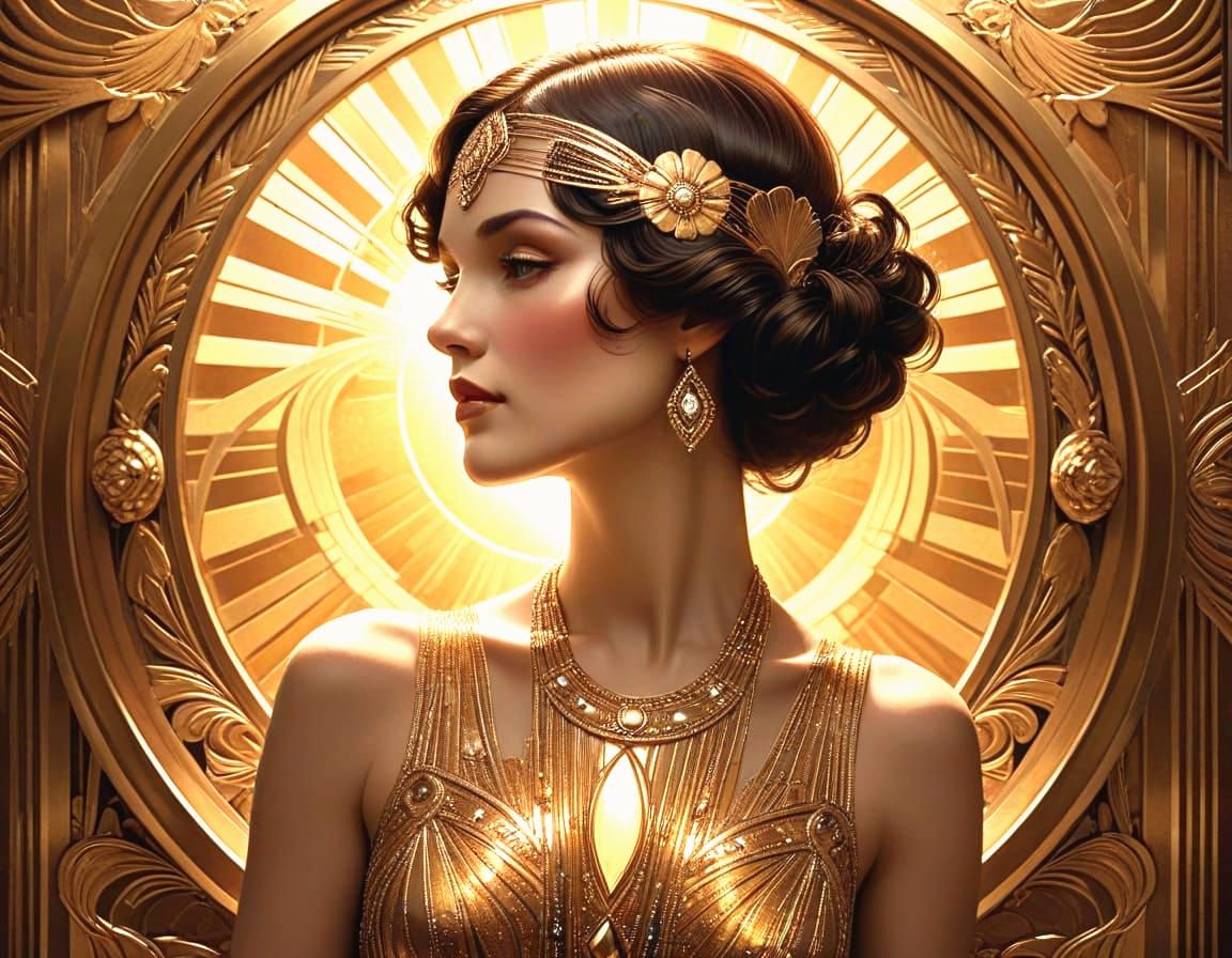 Art Deco Portrait of Elegant Woman in Golden Frame