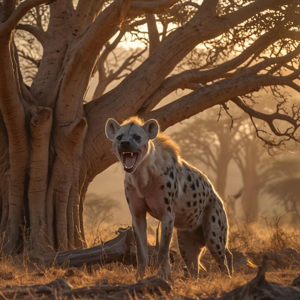 A hyena in africa is growling, standing under a baobab tree