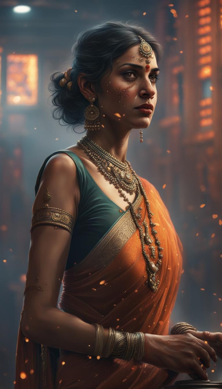 Futuristic Indian Woman in Saree: Hyperrealistic Concept Art