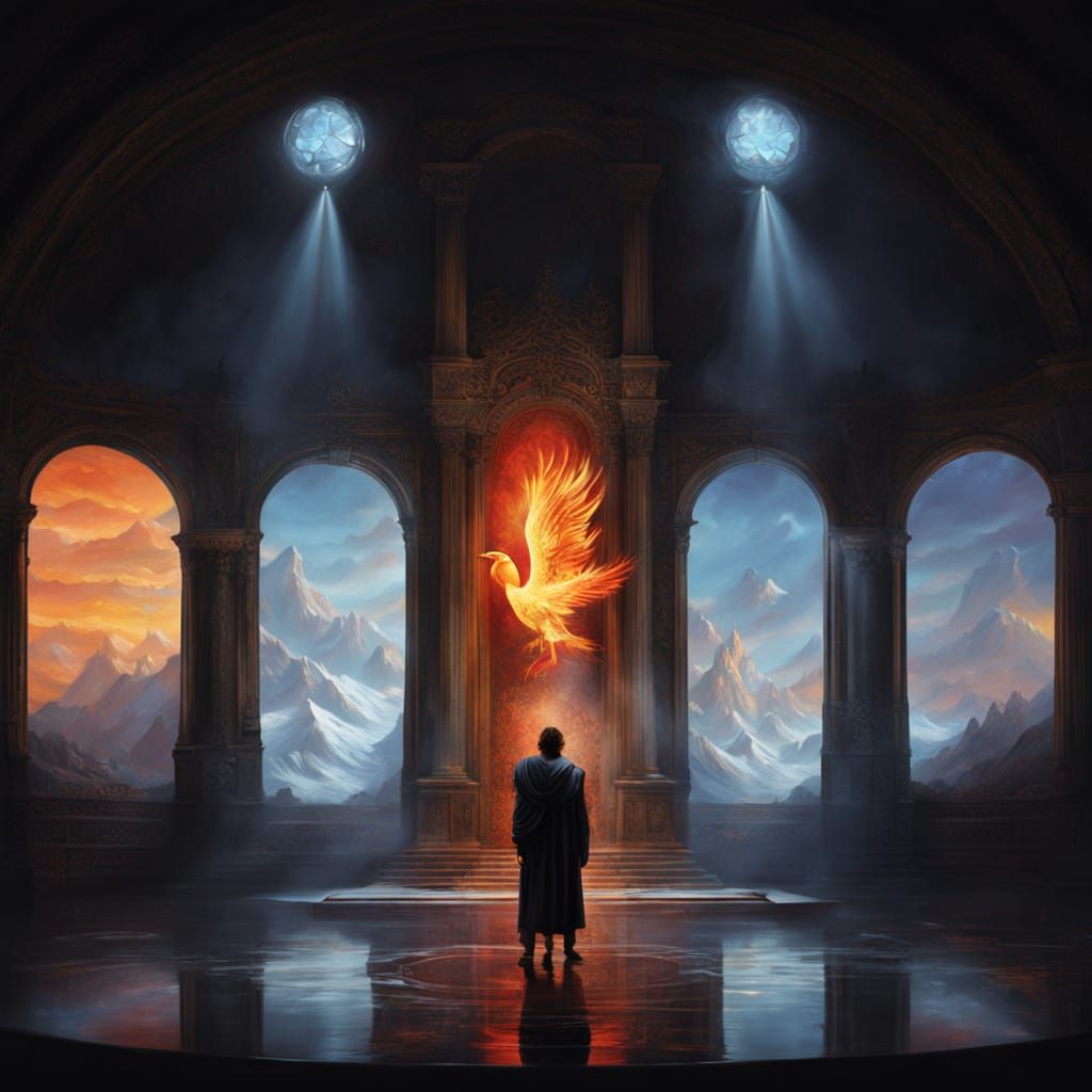 Majestic Phoenix on Crystal Mountain Under Twin Suns