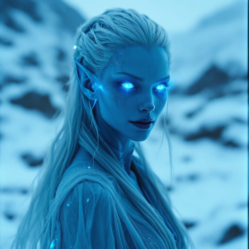 Ethereal Ice Elf Woman in Snowy Landscape