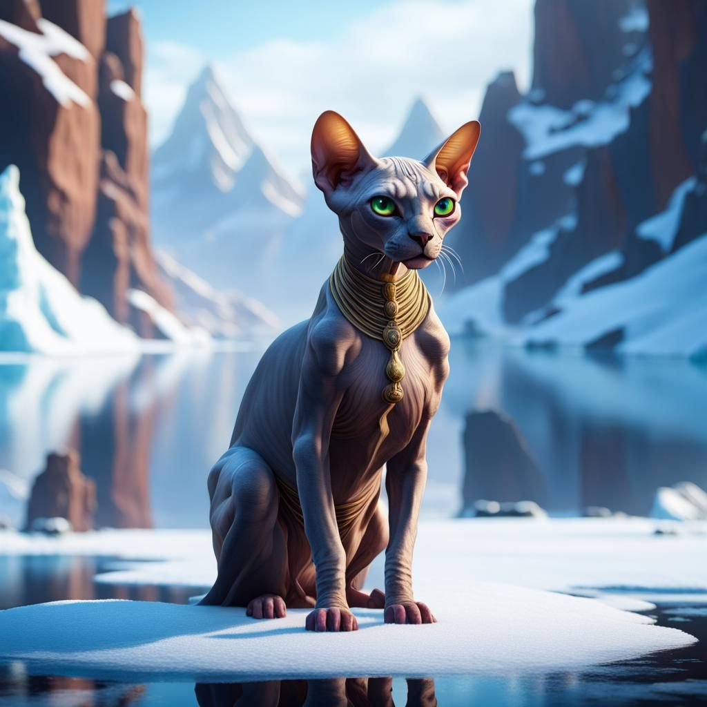 Sphinx Cat on Frozen Lake in Detailed Matte Painting