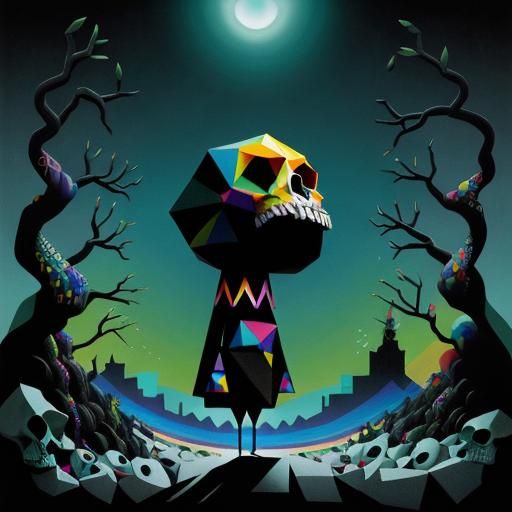 Geometric Rainbow Skull in Pop Surrealist Style