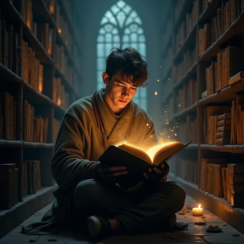 Mystical Library: Golden Light Illuminates Reader's Mind