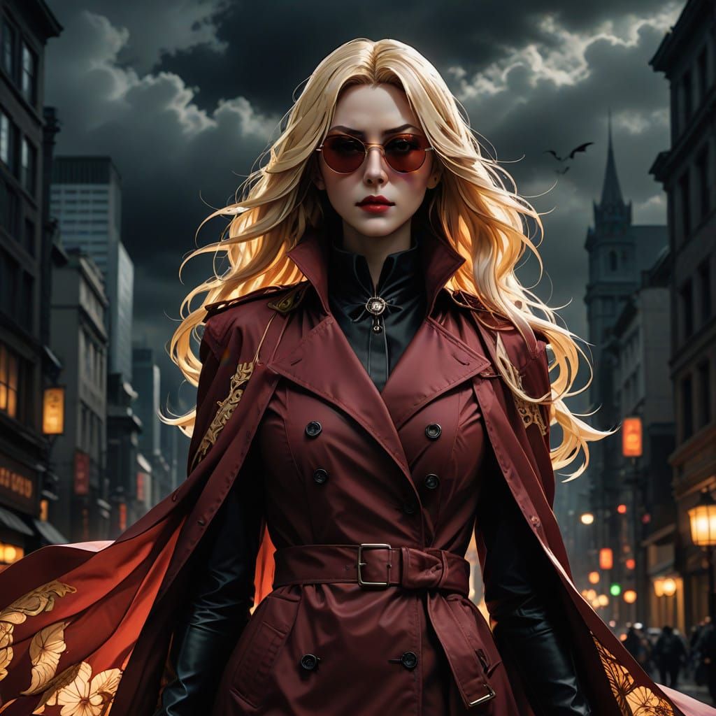 Gothic Vampire Portrait in Dark Red Coat and Sunglasses