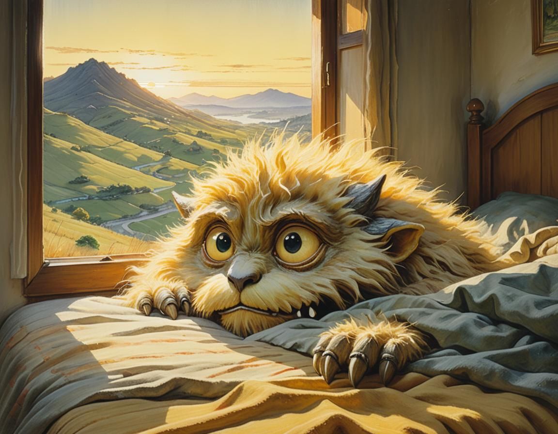 Monster Peeking at Dawn: Triptych Oil Painting