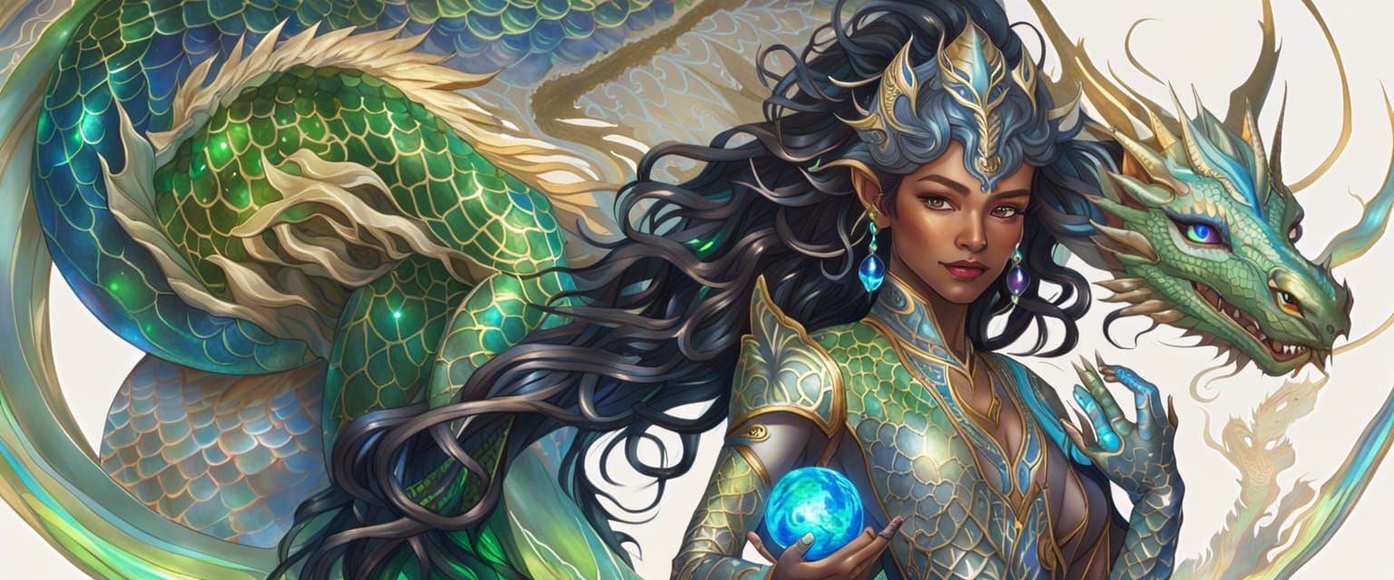 Woman with Dragons and Glowing Orb, in Ethereal Style