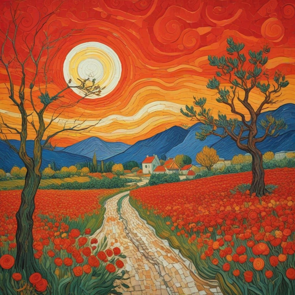 Vibrant Landscape in Whimsical Mozaic Style