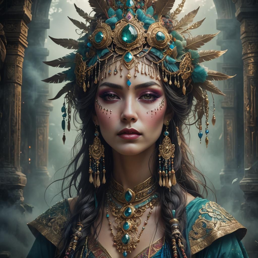 Mystic Priestess Portrait in Ancient Temple