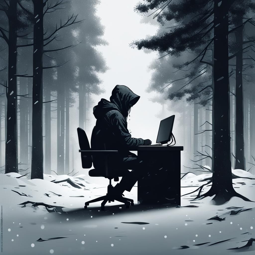 Hacker in Snowy Forest: Dark Dystopian Scene