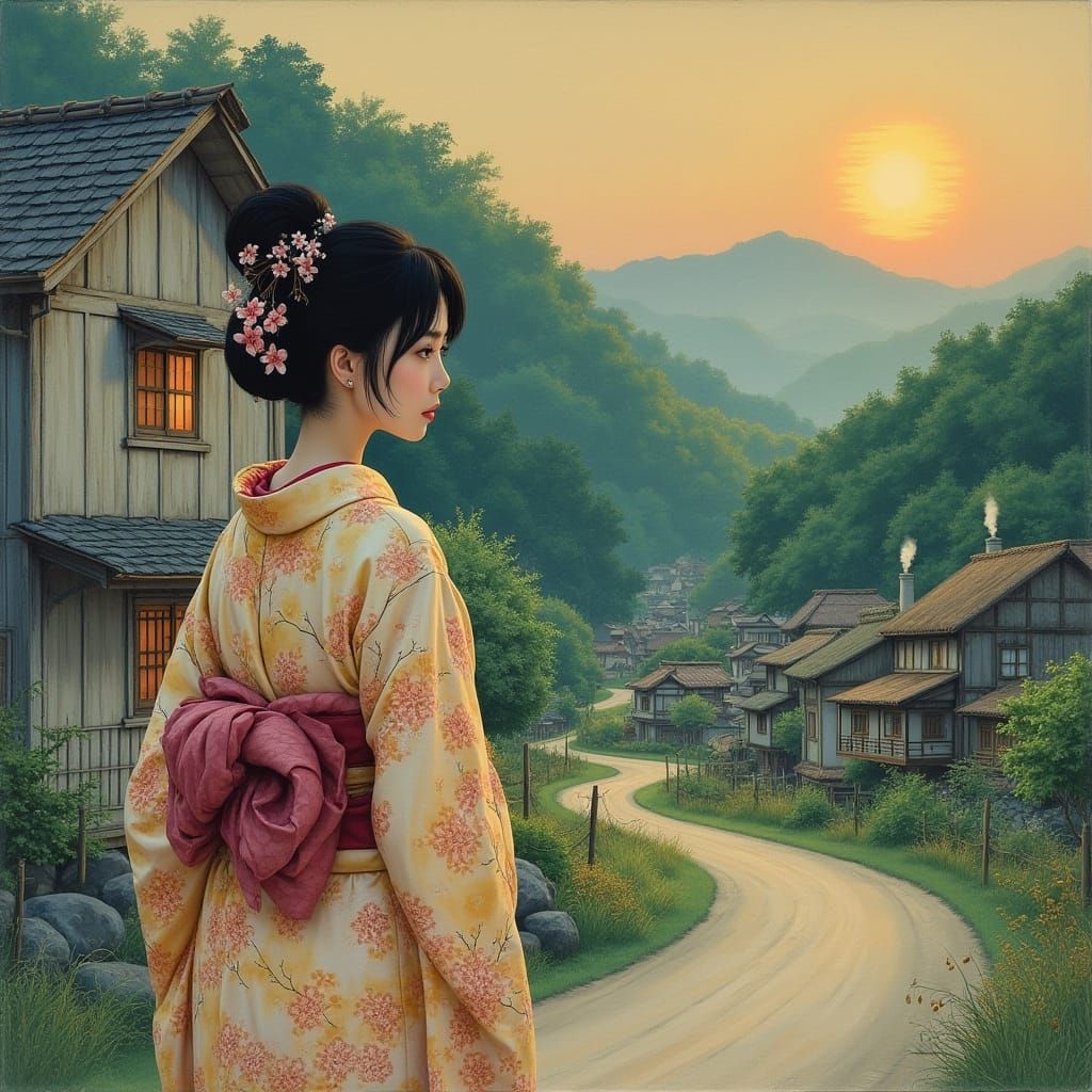 Elegant Japanese Woman at Dusk in Front of Rustic Inn